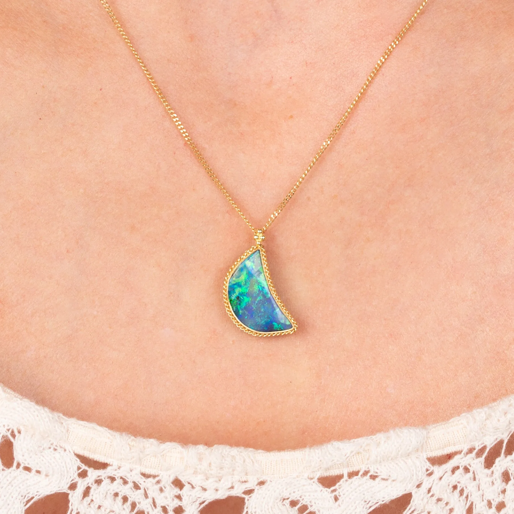 Boulder Opal Crescent Moon Necklace