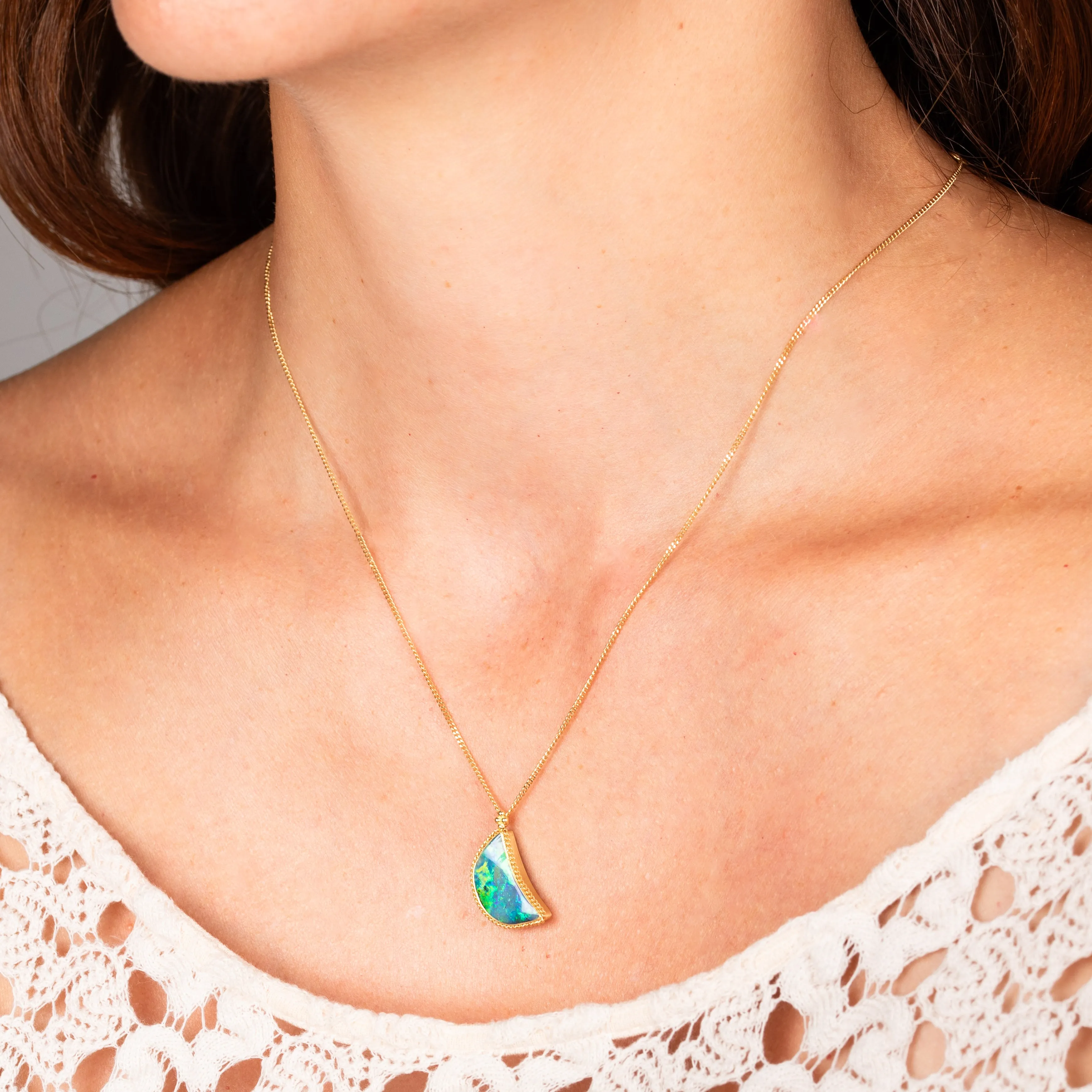 Boulder Opal Crescent Moon Necklace