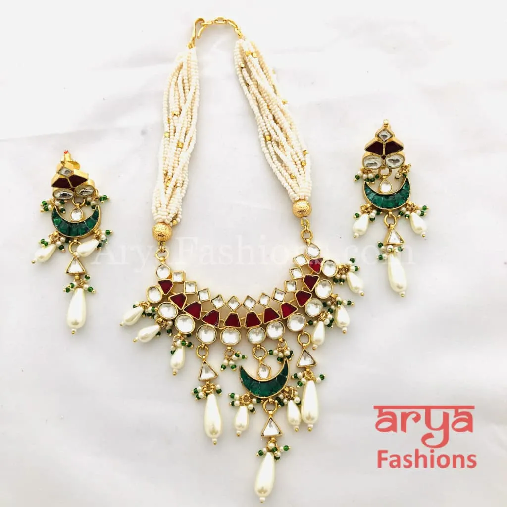 Bridal Pearl Kundan Choker Necklace with Earrings