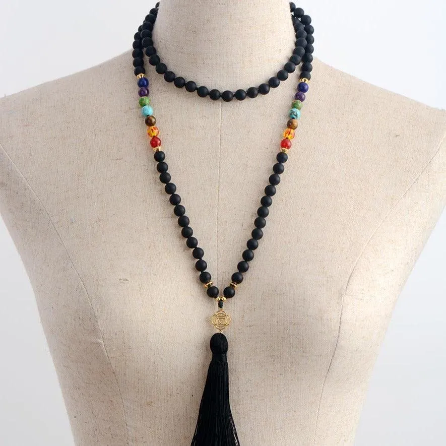 'Chakras' Black Onyx 108 Mala Beads Necklace