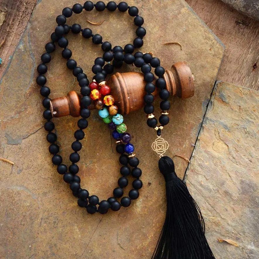 'Chakras' Black Onyx 108 Mala Beads Necklace