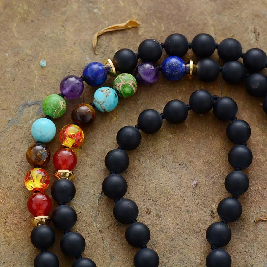 'Chakras' Black Onyx 108 Mala Beads Necklace