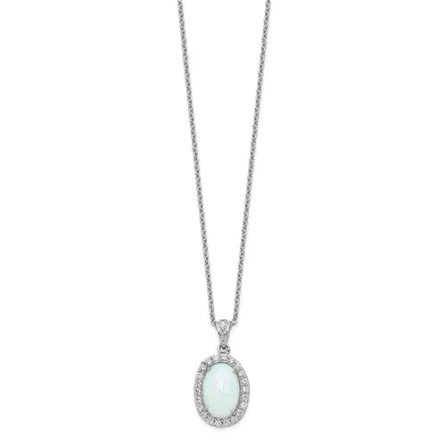 Cheryl M Sterling Silver Oval Opal & CZ Pendant Necklace