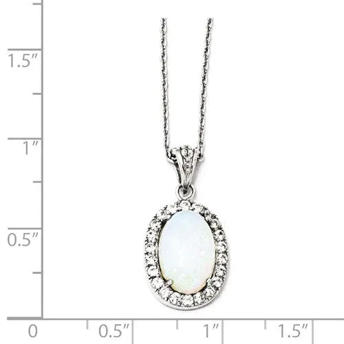 Cheryl M Sterling Silver Oval Opal & CZ Pendant Necklace