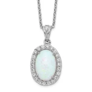 Cheryl M Sterling Silver Oval Opal & CZ Pendant Necklace