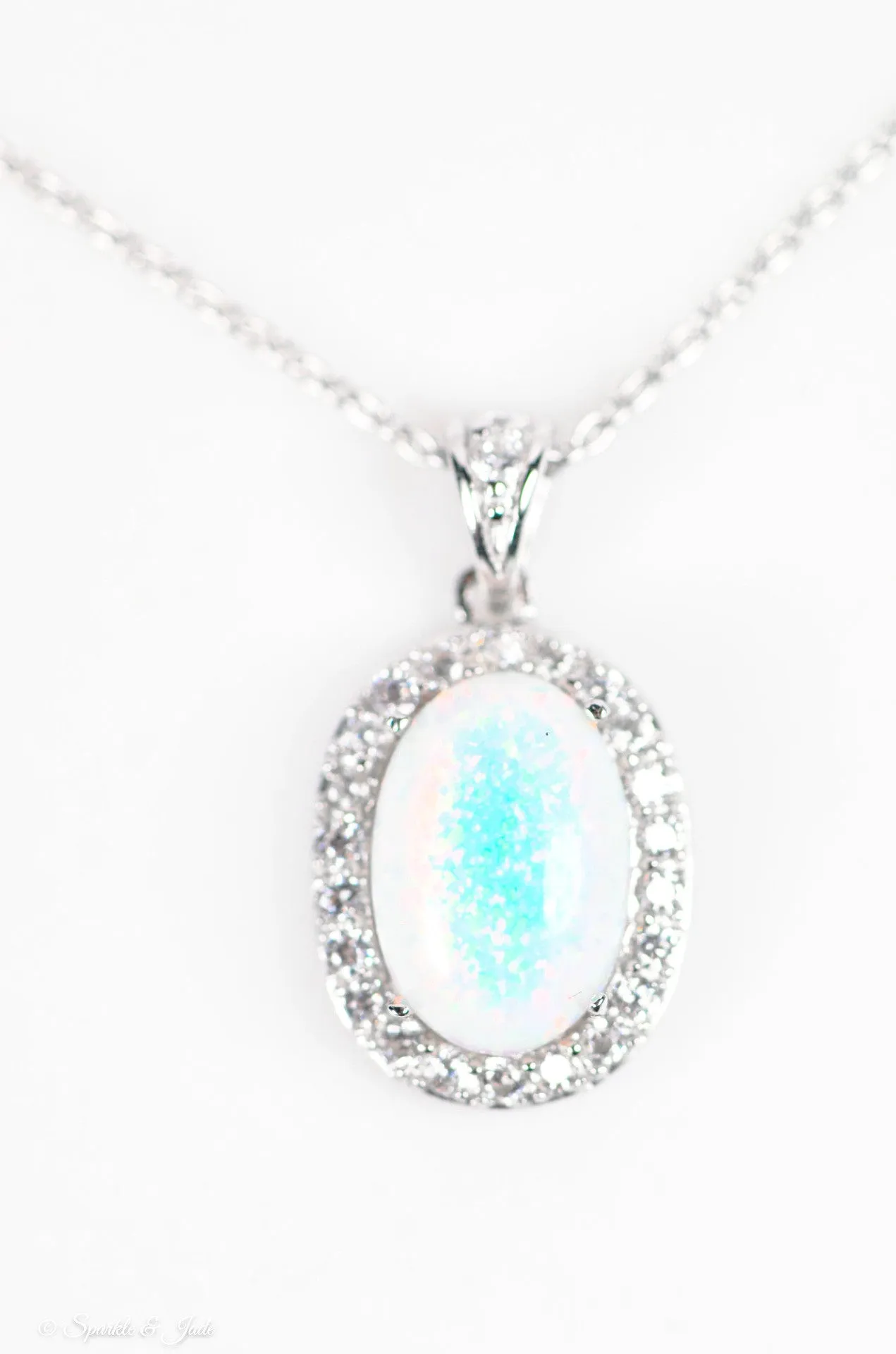 Cheryl M Sterling Silver Oval Opal & CZ Pendant Necklace