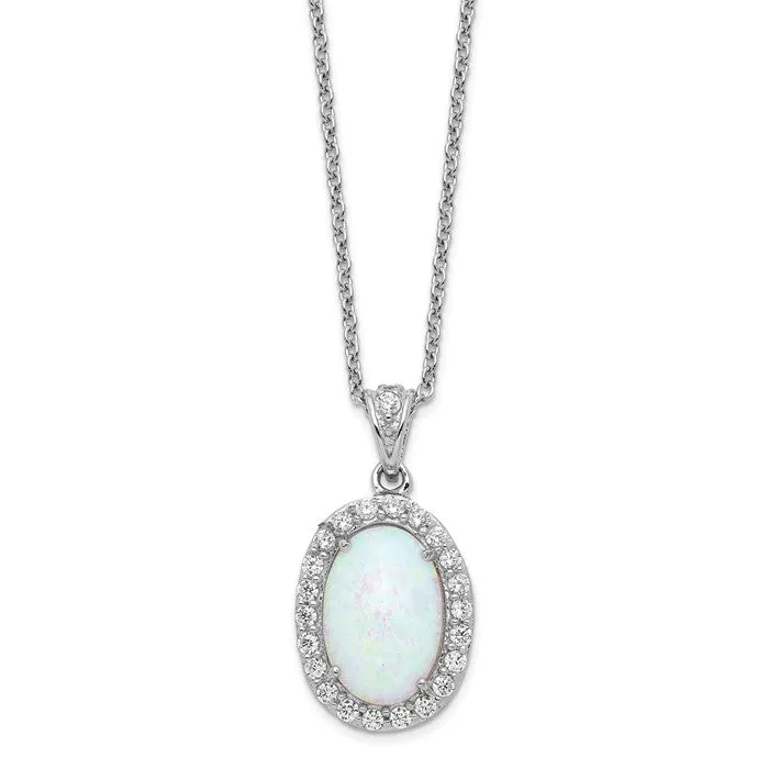 Cheryl M Sterling Silver Oval Opal & CZ Pendant Necklace