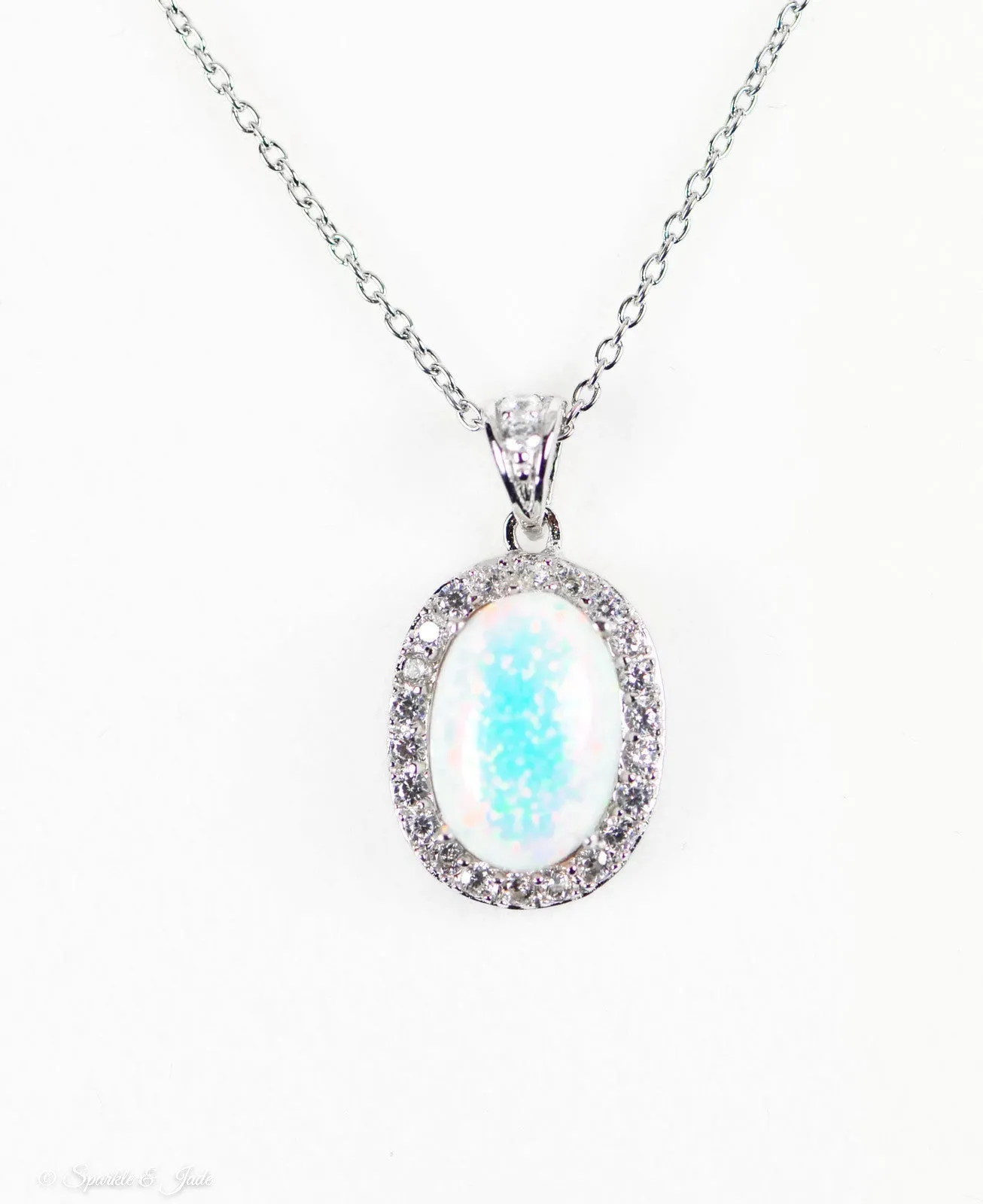 Cheryl M Sterling Silver Oval Opal & CZ Pendant Necklace