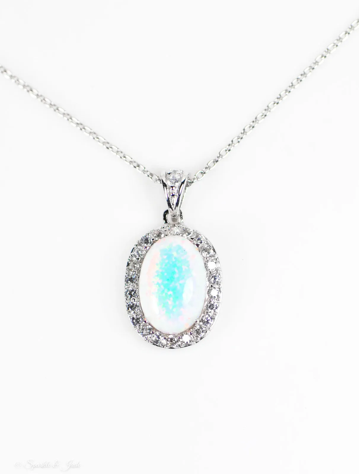 Cheryl M Sterling Silver Oval Opal & CZ Pendant Necklace