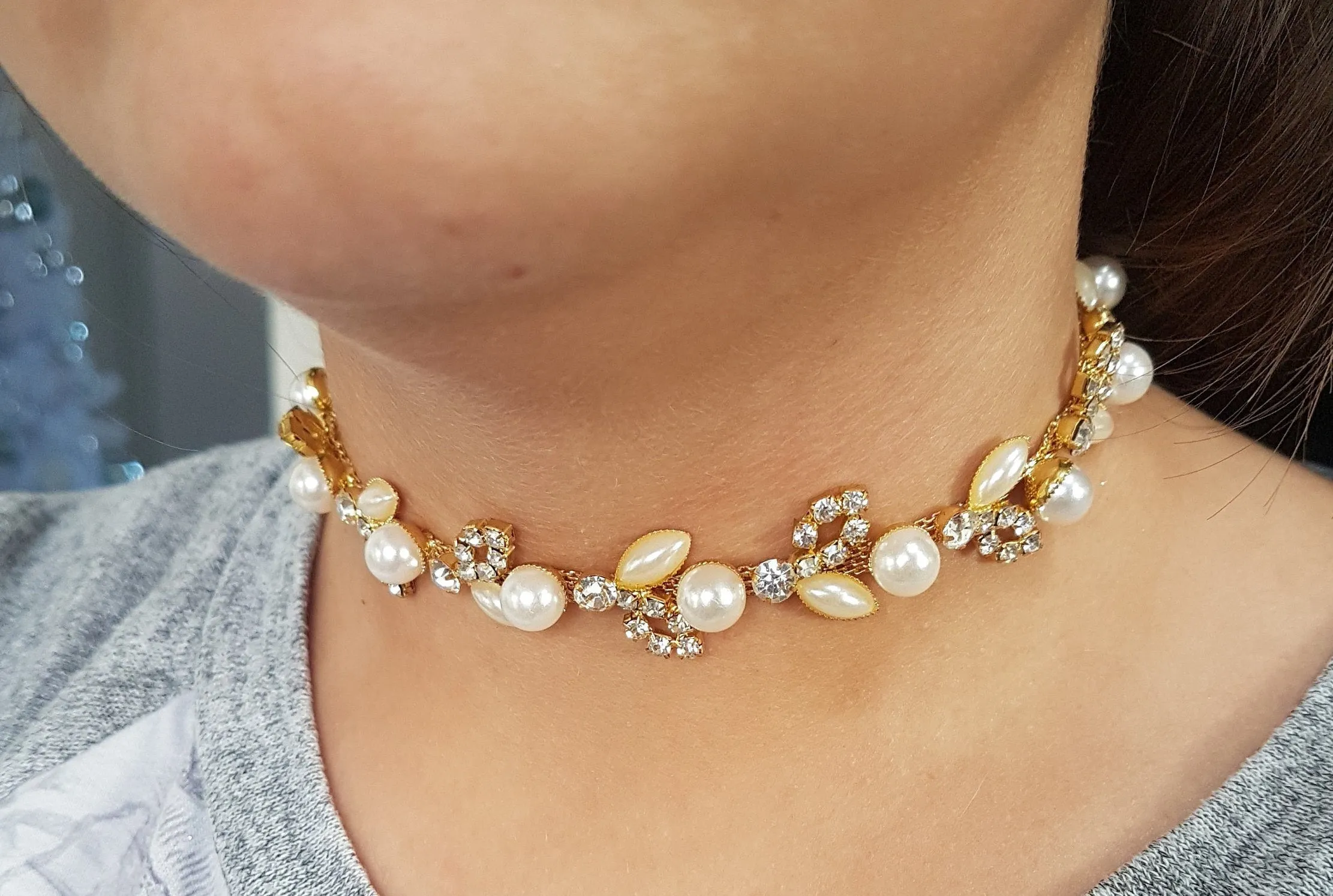 CHOKER NECKLACE,  Rhinestone Crystal silver or gold tone