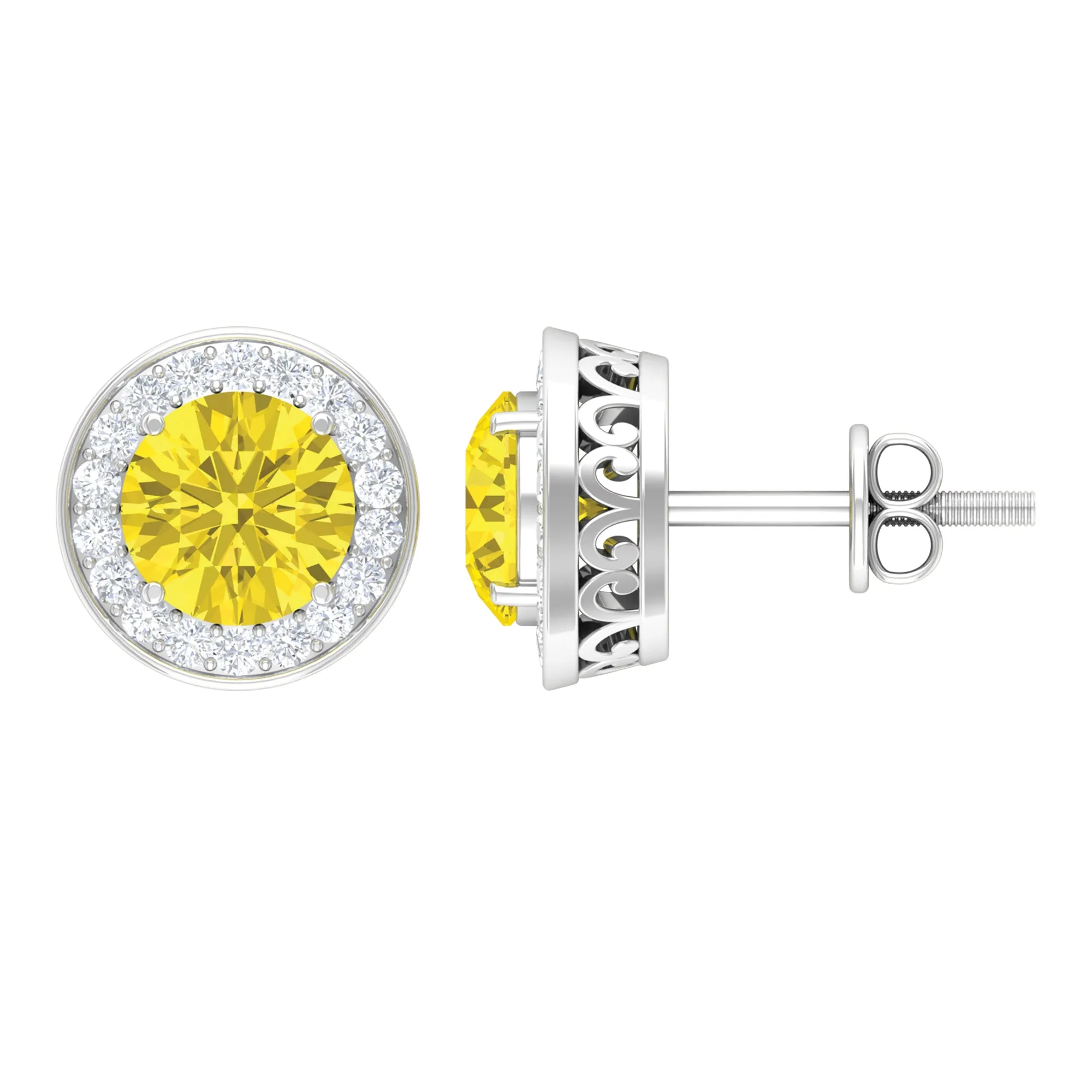 Classic Stud Earrings with Lab Grown Yellow Sapphire and Diamond Halo