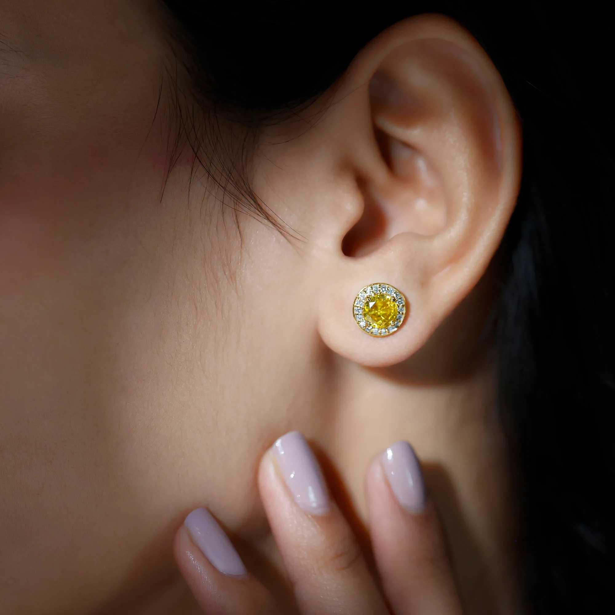 Classic Stud Earrings with Lab Grown Yellow Sapphire and Diamond Halo