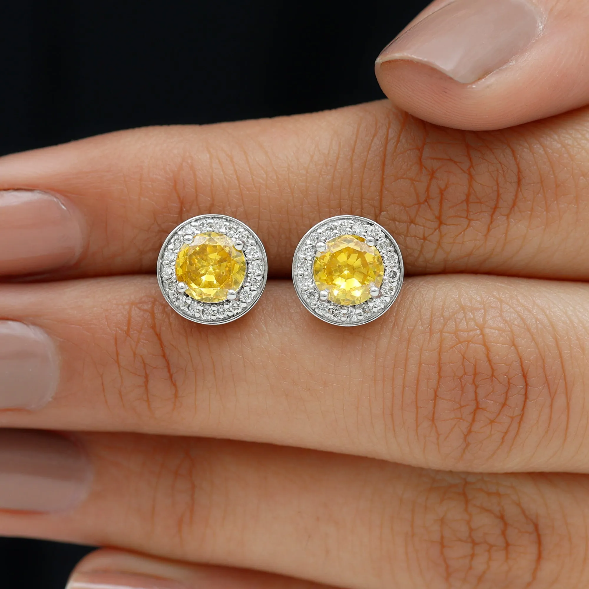 Classic Stud Earrings with Lab Grown Yellow Sapphire and Diamond Halo