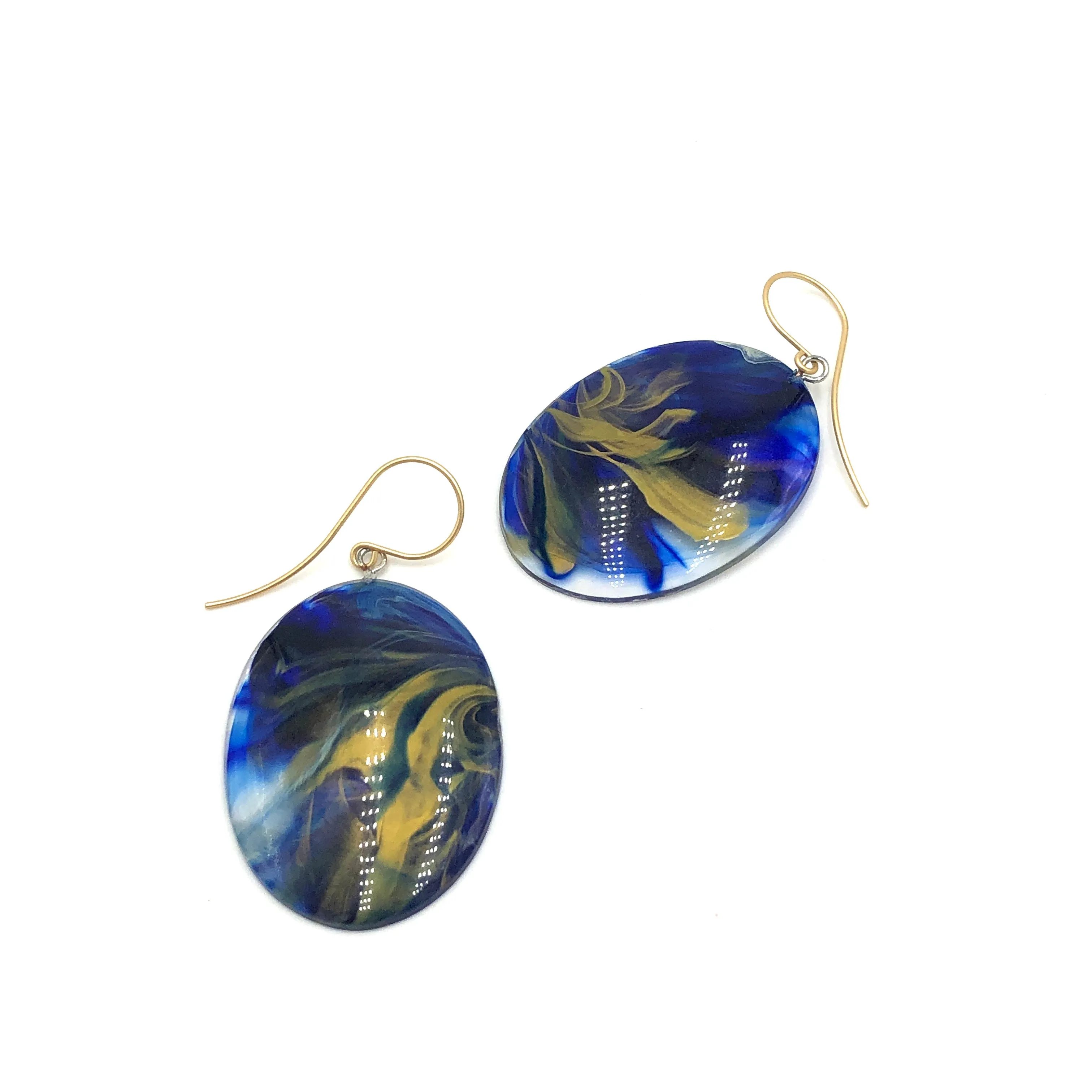 Cobalt & Gold Marbled Lucite Drop Earrings