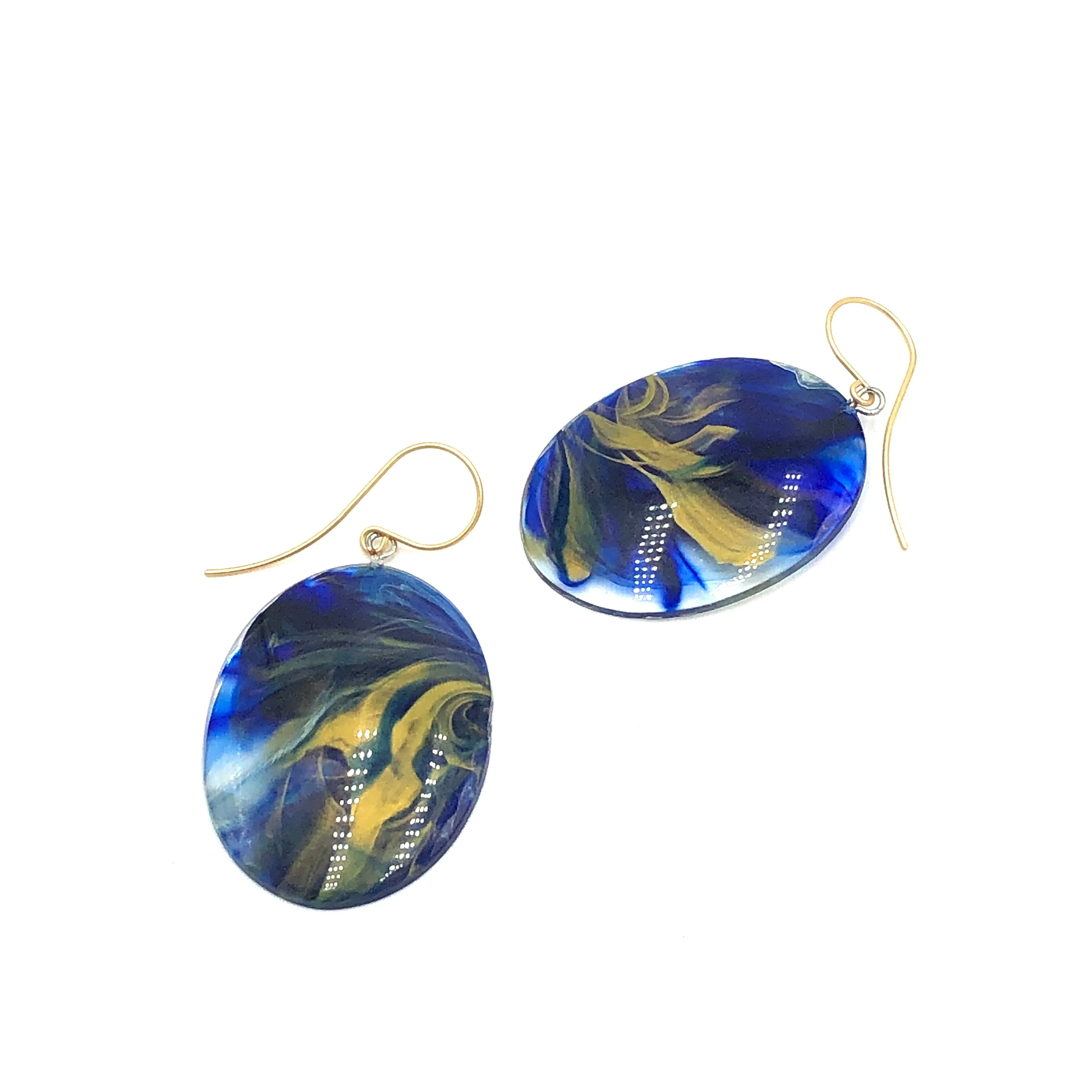 Cobalt & Gold Marbled Lucite Drop Earrings