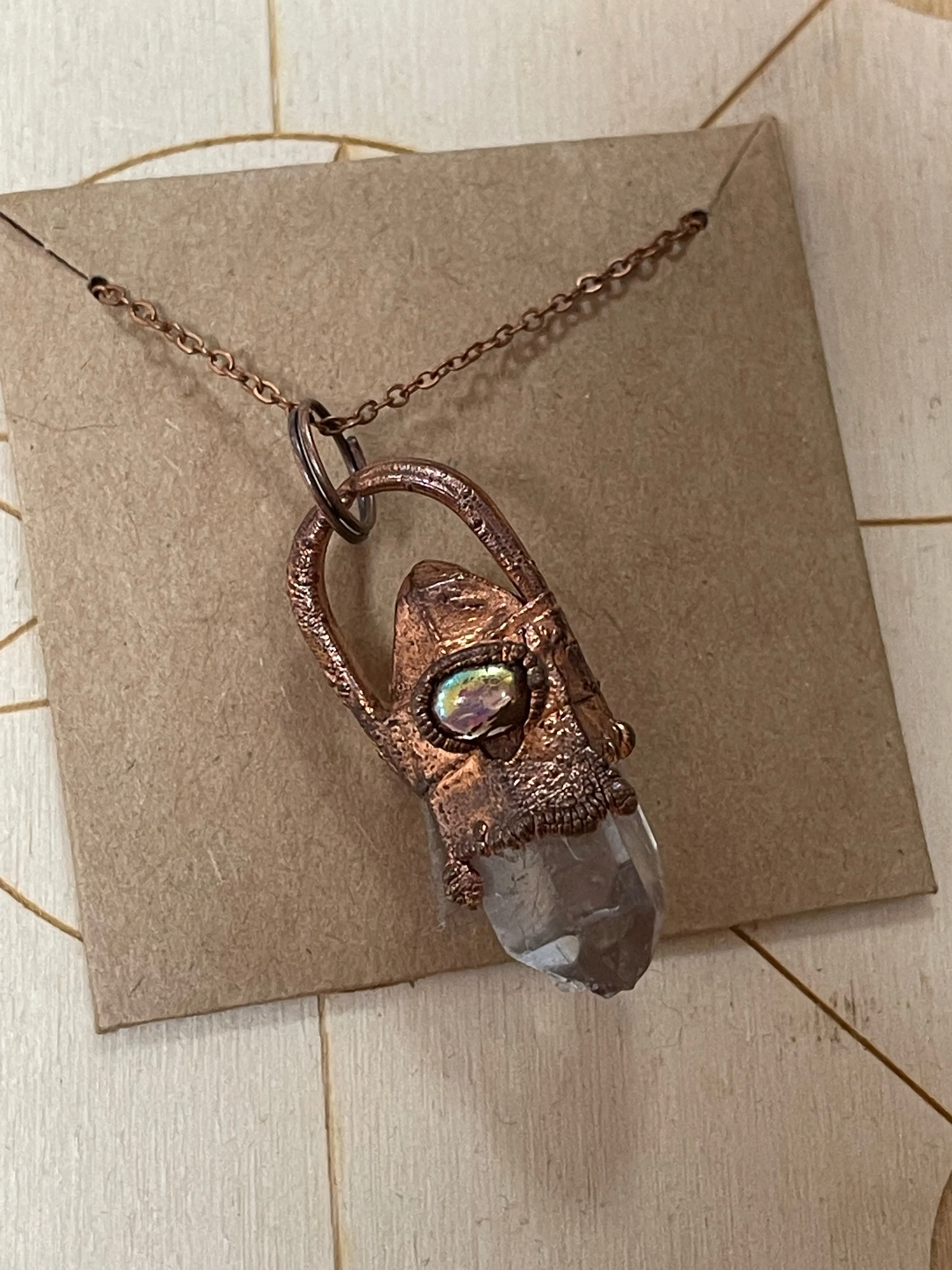 Copper Plated Quartz Point Necklace with Aura Stone Accent - One of a Kind