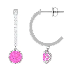 Created Pink Sapphire Hoop Earrings With Diamond