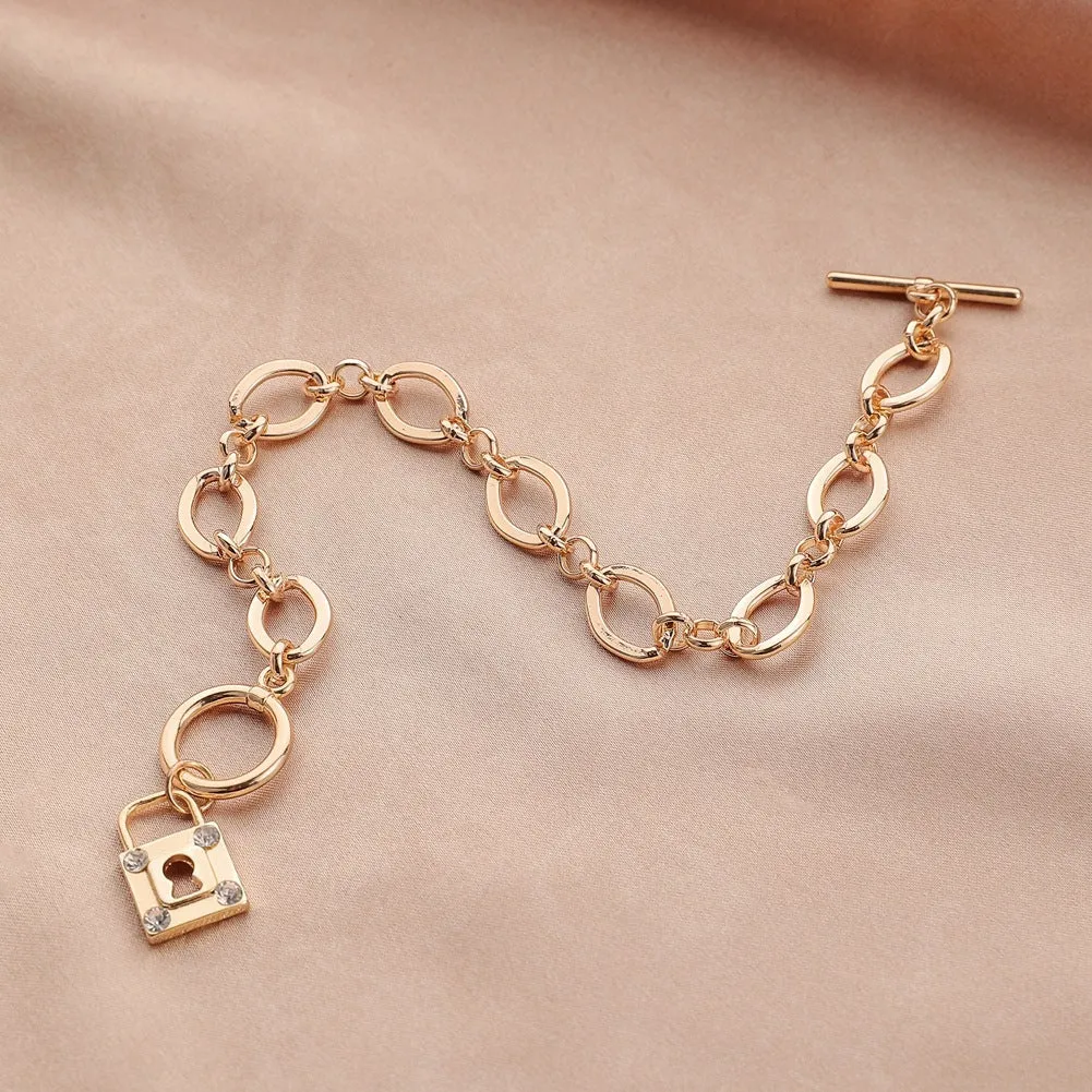 Creative Trend OT Buckle Gold Thick Chain Diamond Padlock Bracelet