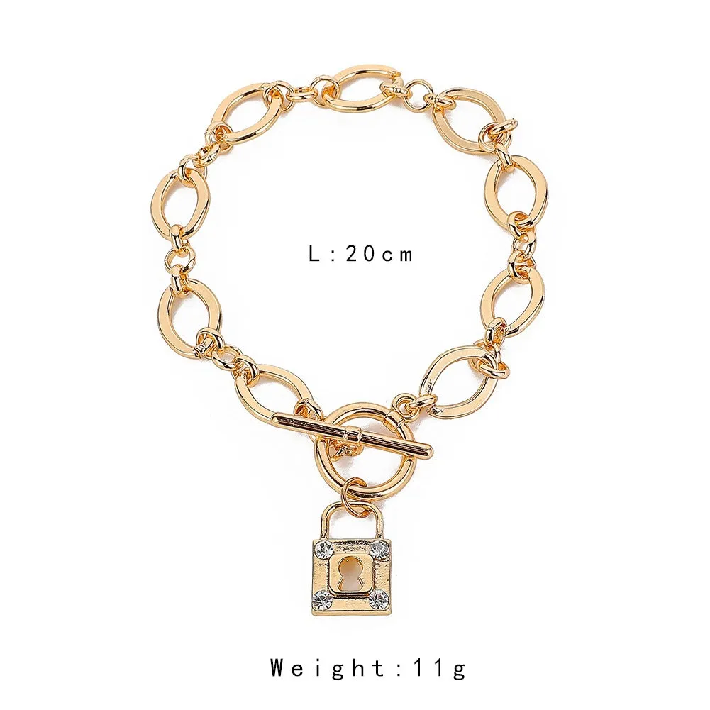 Creative Trend OT Buckle Gold Thick Chain Diamond Padlock Bracelet