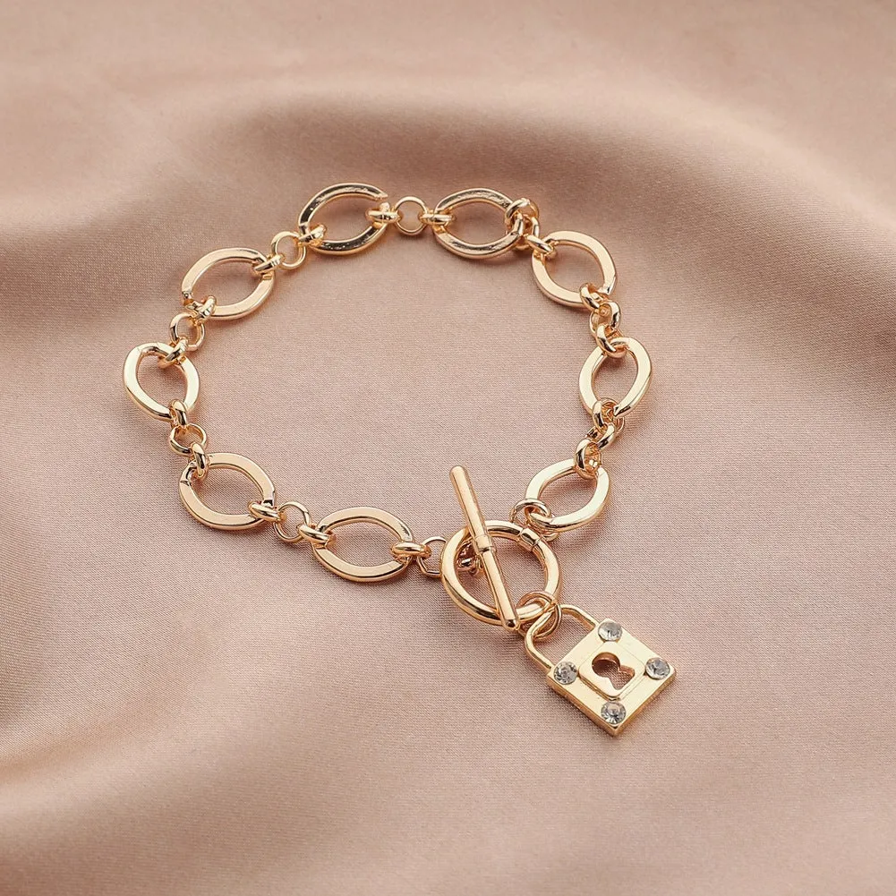 Creative Trend OT Buckle Gold Thick Chain Diamond Padlock Bracelet