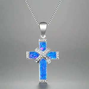 Cross Necklace White/Blue Imitation Fire Opal Zircon