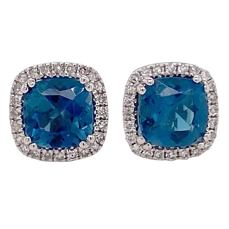 Cushion Blue Topaz Diamond Halo Stud Earrings