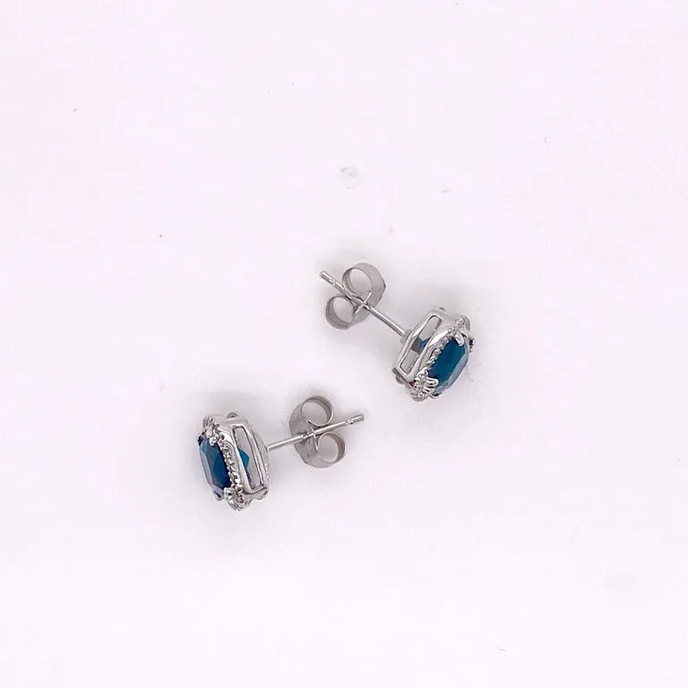 Cushion Blue Topaz Diamond Halo Stud Earrings