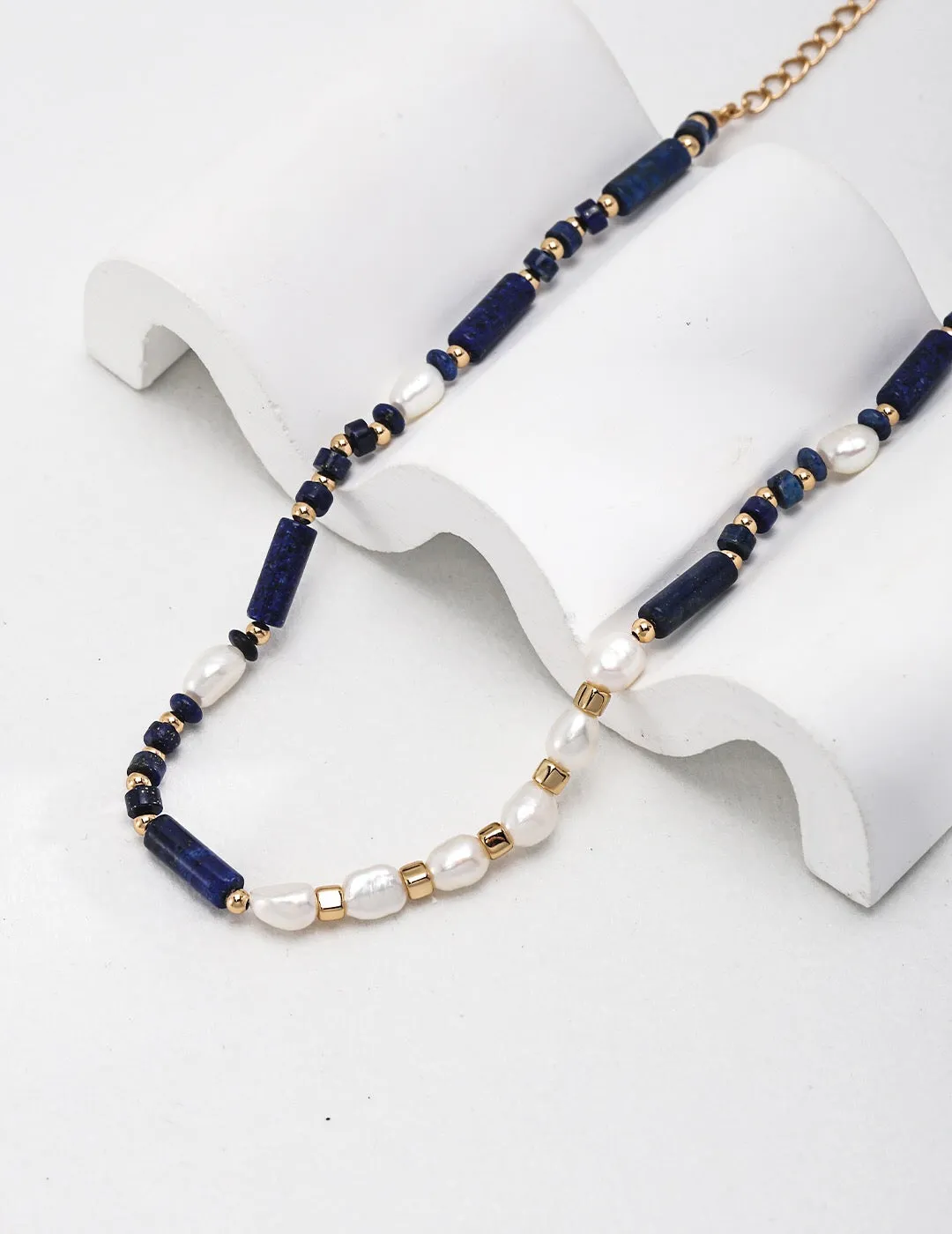 Dainty Lapis Lazuli Beaded With Pearl Necklace