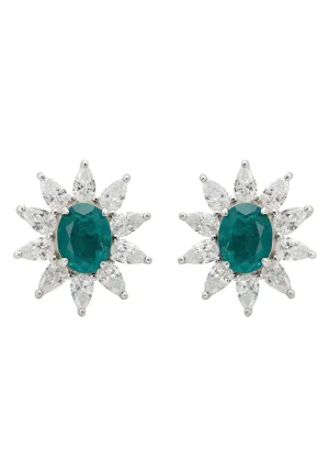 Daisy Gemstone Stud Earrings Emerald Silver