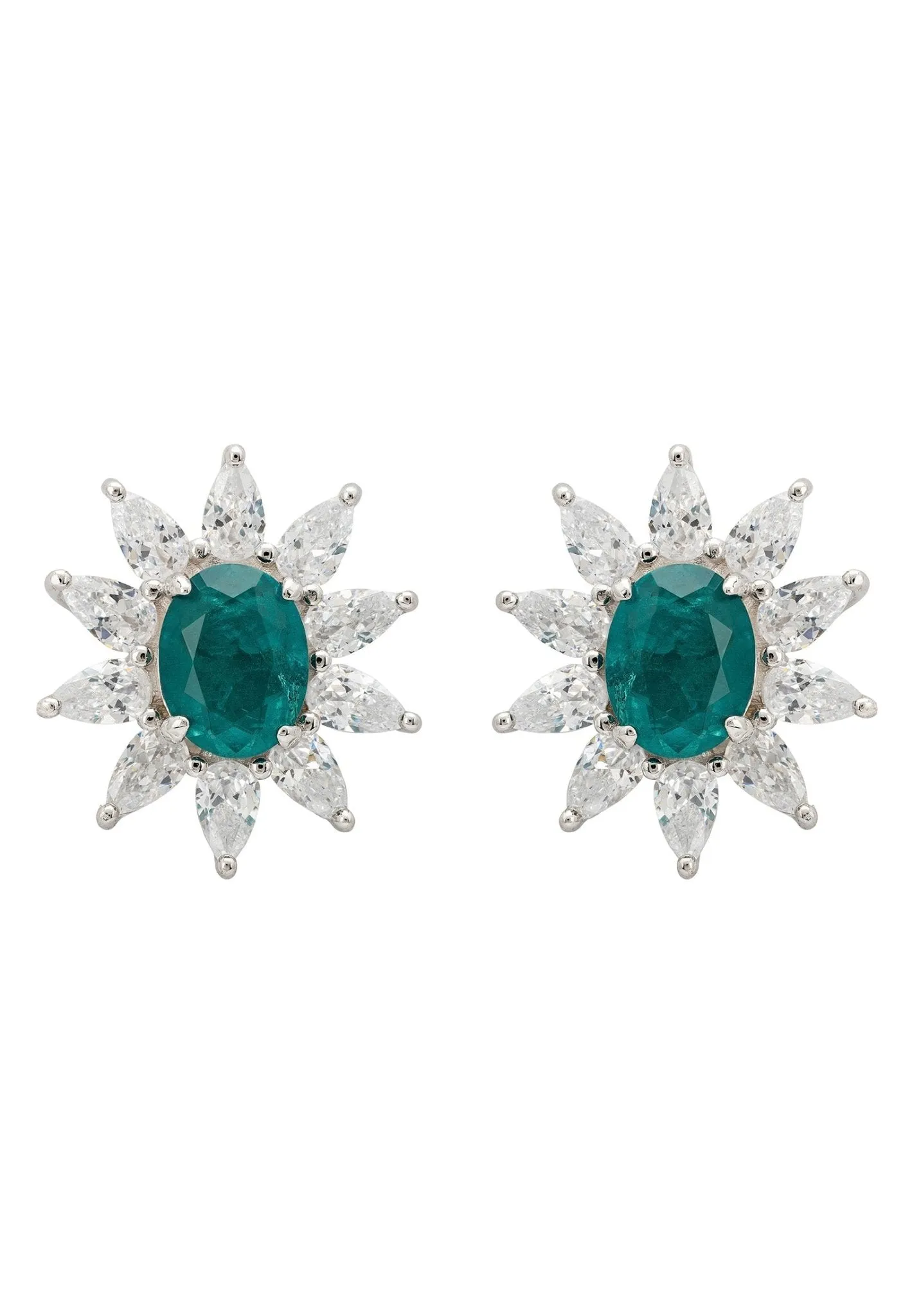 Daisy Gemstone Stud Earrings Emerald Silver