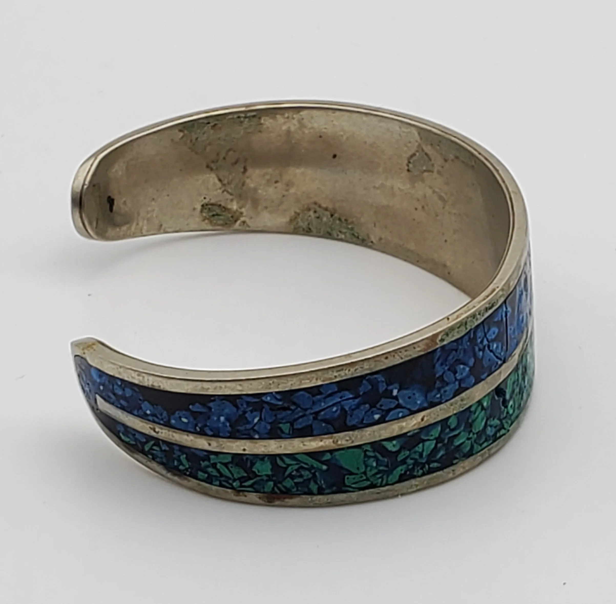 DAMAGED Vintage Cuff Bracelet with Inlaid Green and Blue Crushed Stone