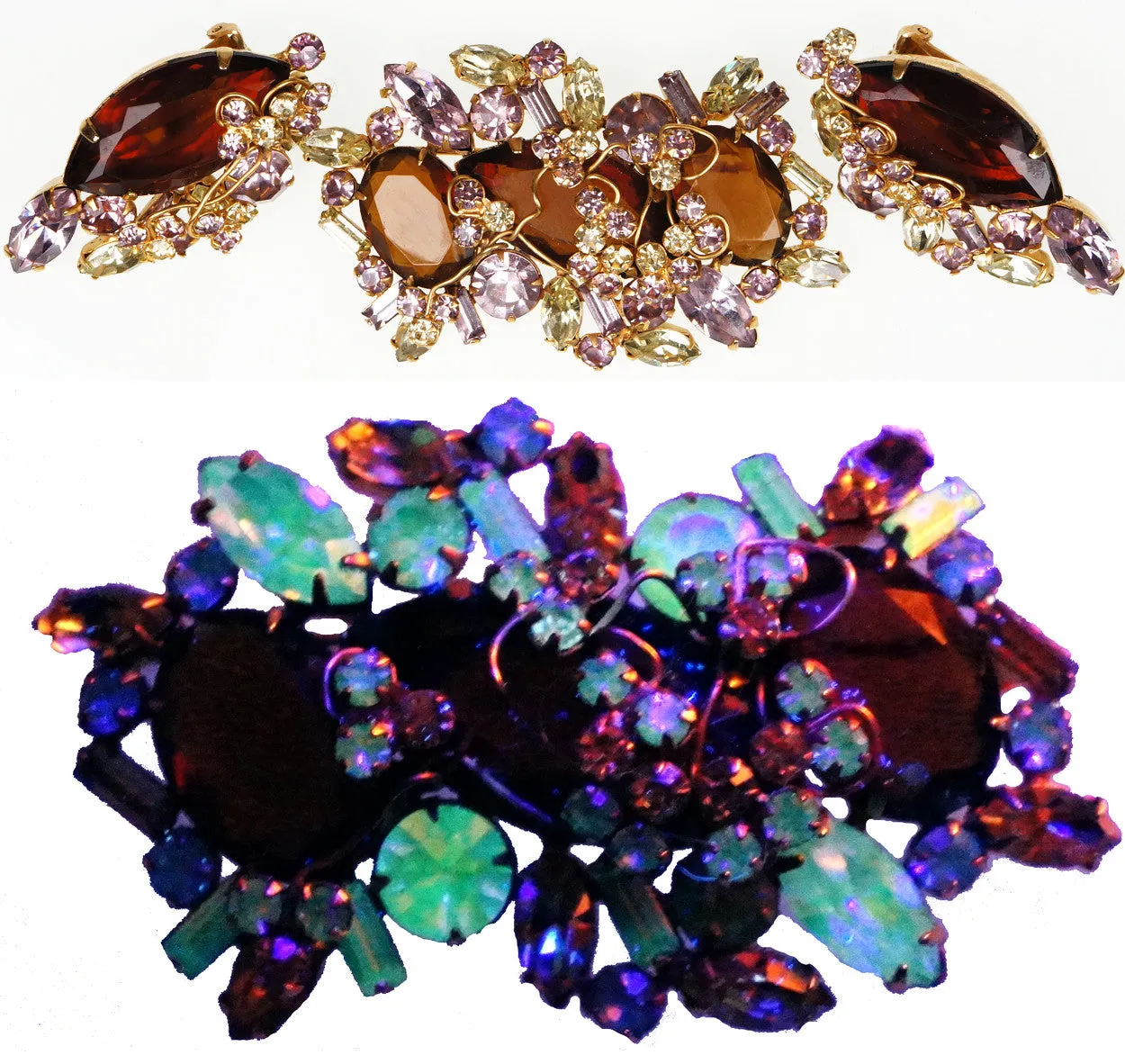 D&E Juliana Jewelry Alexandrite Glass Rhinestone Demi Parure Brooch & Earrings