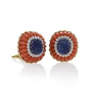 David Webb Coral and Sapphire Button Earrings