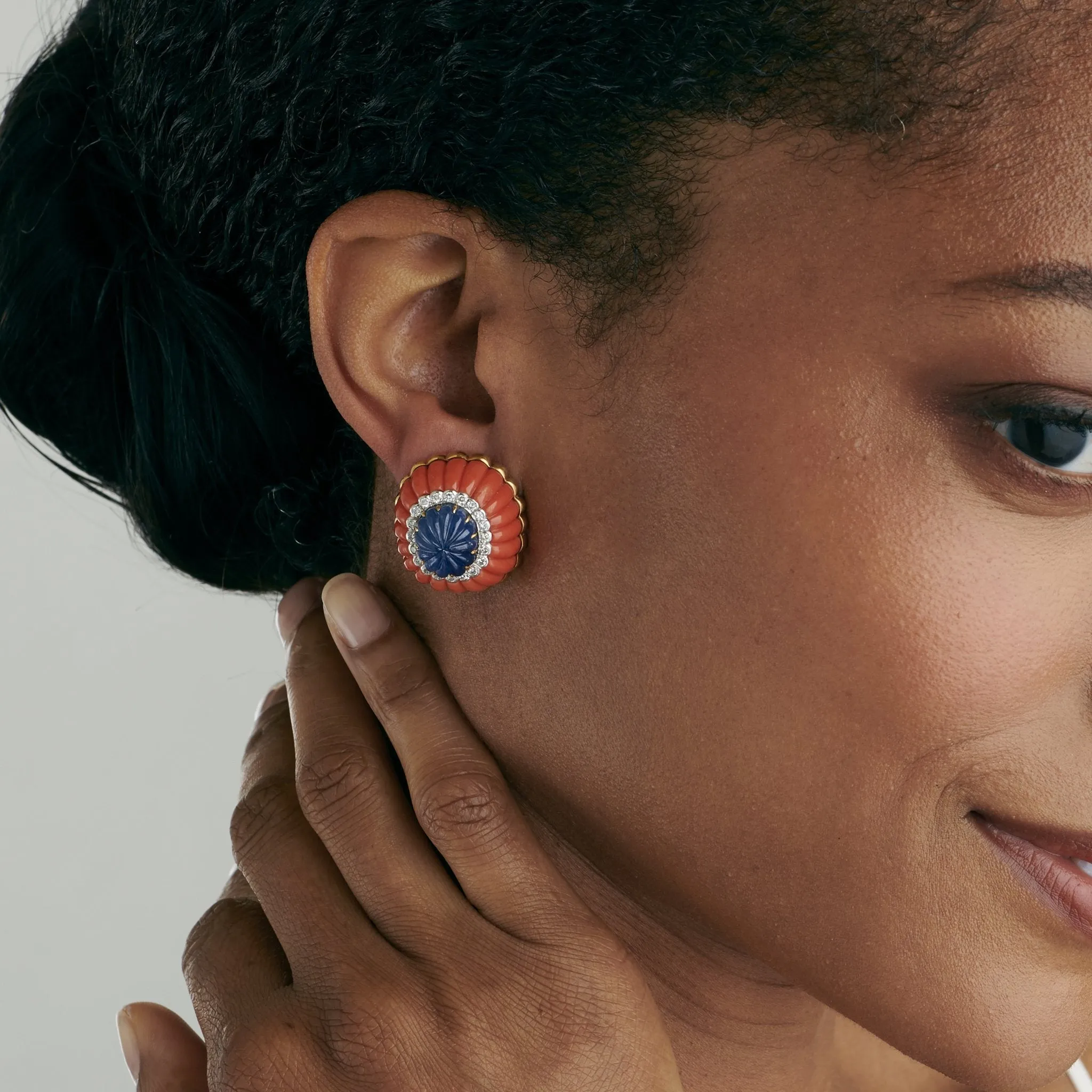 David Webb Coral and Sapphire Button Earrings