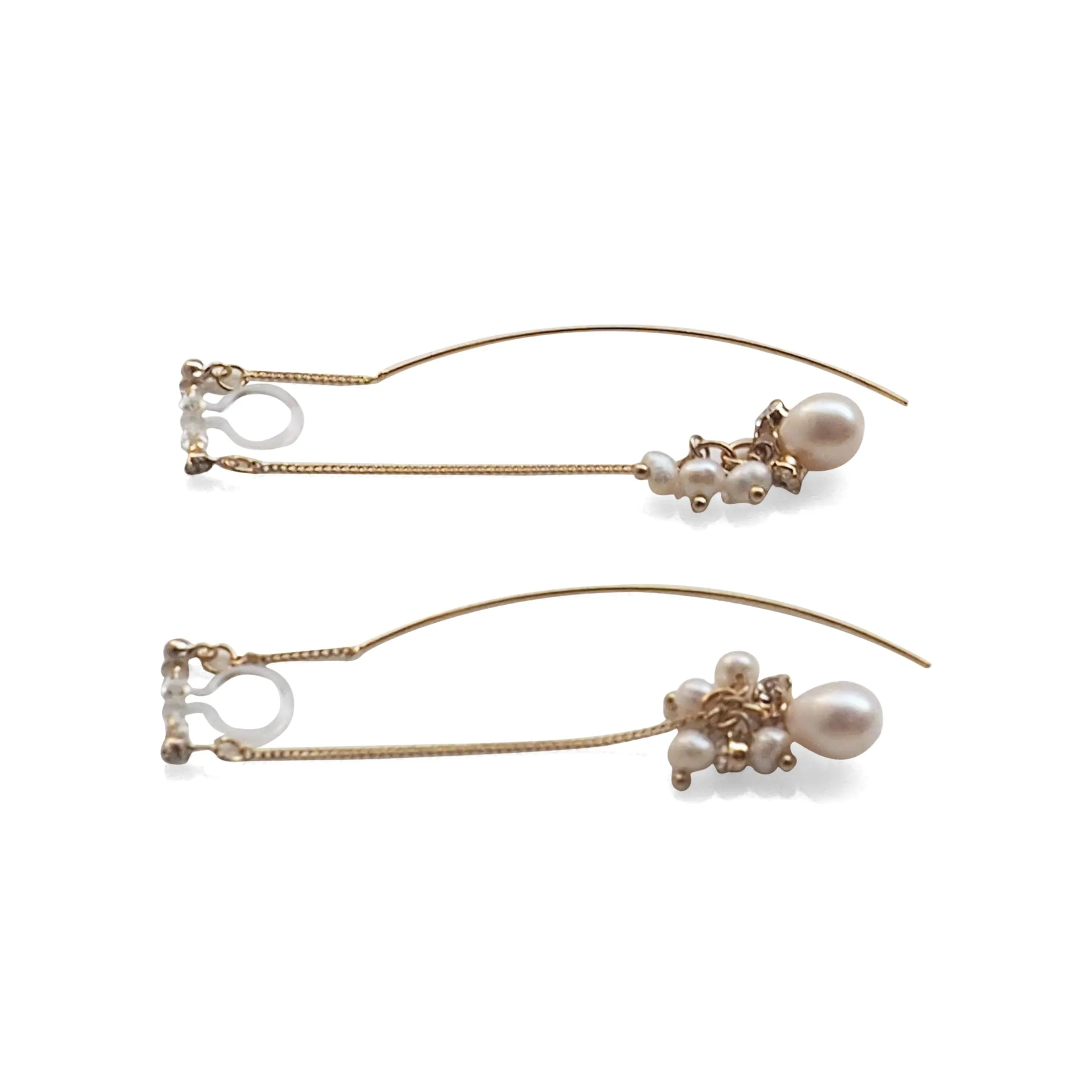 Double Sided White Freshwater Pearl Invisible Clip On Earrings (Gold tone)