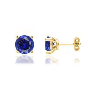 DOVE - Round Blue Sapphire 18k Yellow Gold Stud Earrings