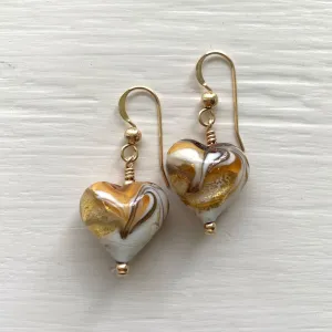 Earrings with byzantine ivory (white), gold Murano glass small heart drops on silver or gold