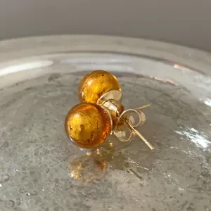 Earrings with gold topaz (amber, brown) Murano glass sphere studs on gold plated posts