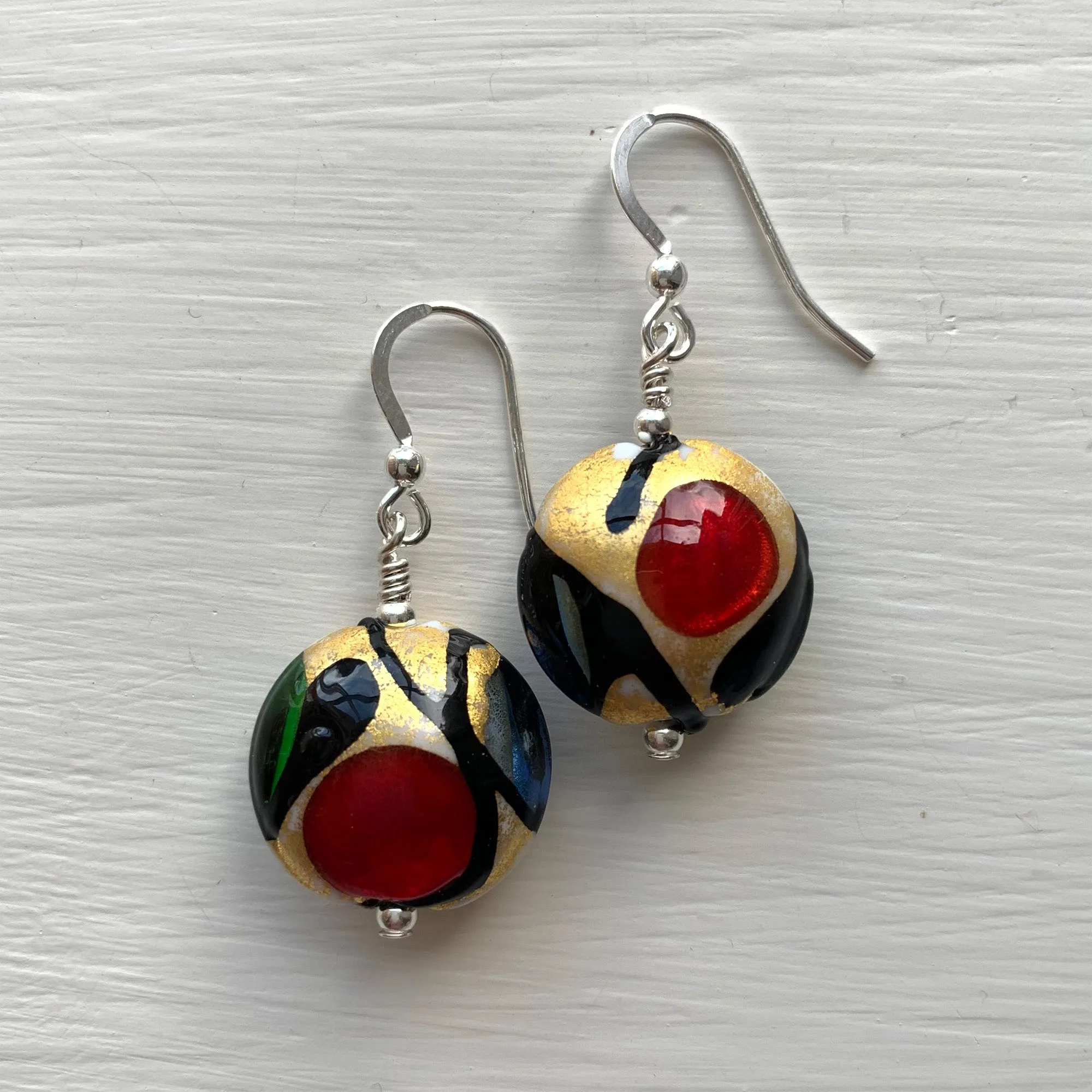 Earrings with multicolours, black and gold Murano glass medium lentil drops on silver or gold