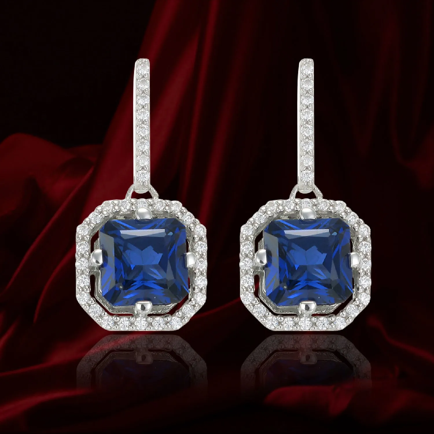 Elegant Sparkling Sapphire Blue Drop Earrings with Halo