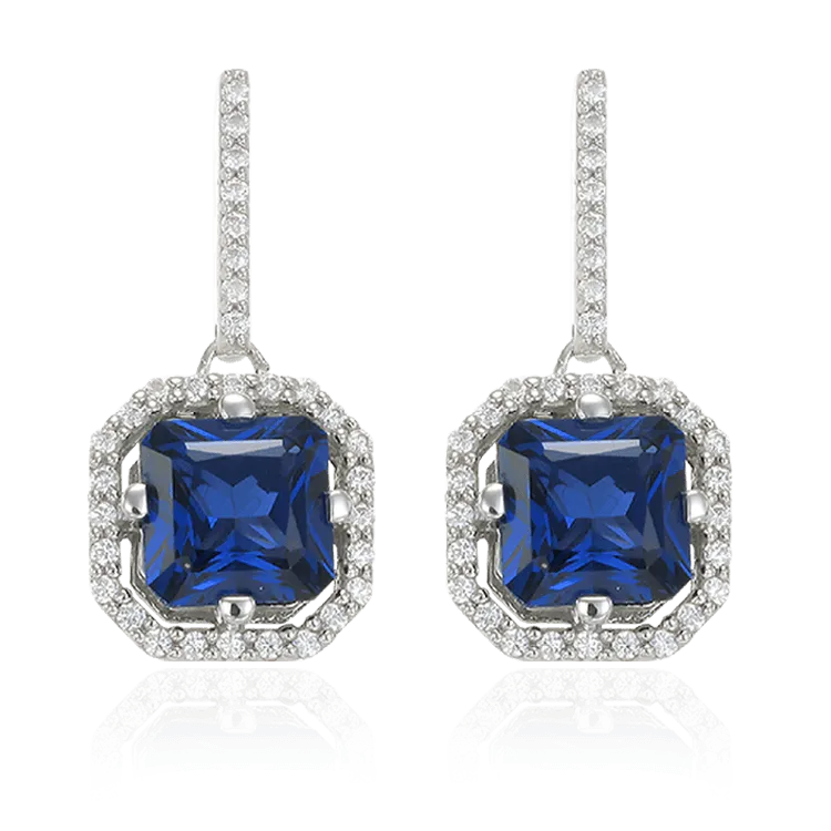 Elegant Sparkling Sapphire Blue Drop Earrings with Halo