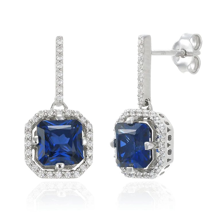 Elegant Sparkling Sapphire Blue Drop Earrings with Halo