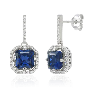 Elegant Sparkling Sapphire Blue Drop Earrings with Halo