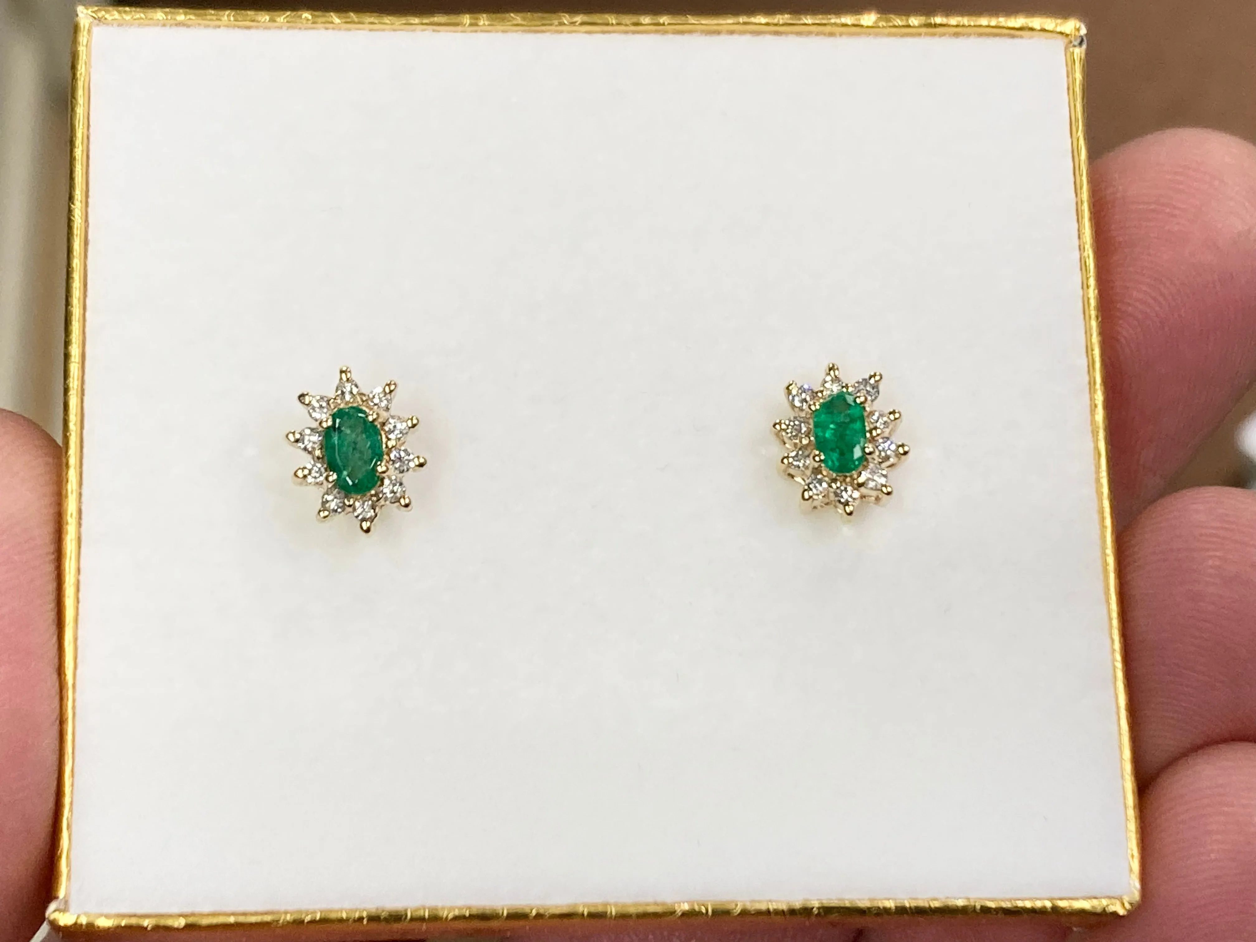 Emerald And Diamond Halo 14 K Yellow Gold Earrings