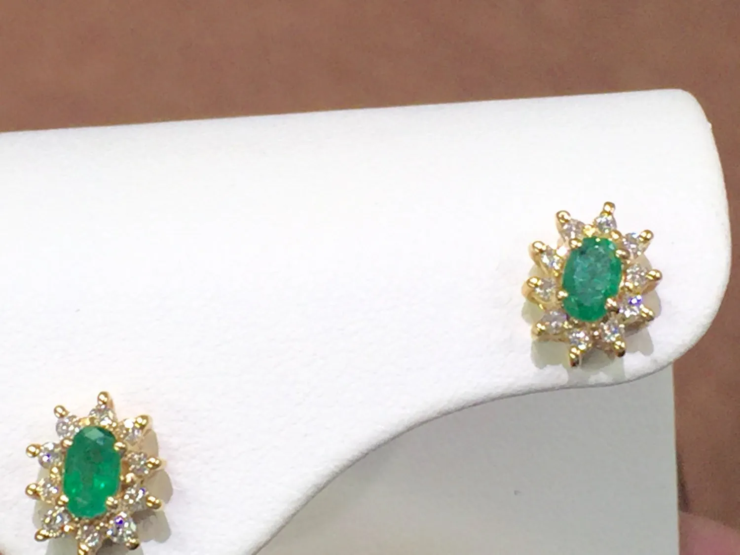 Emerald And Diamond Halo 14 K Yellow Gold Earrings