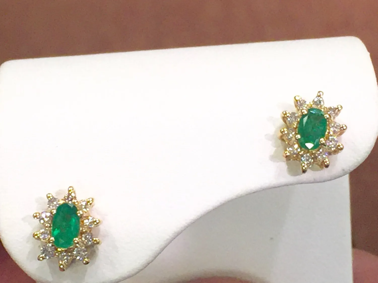 Emerald And Diamond Halo 14 K Yellow Gold Earrings