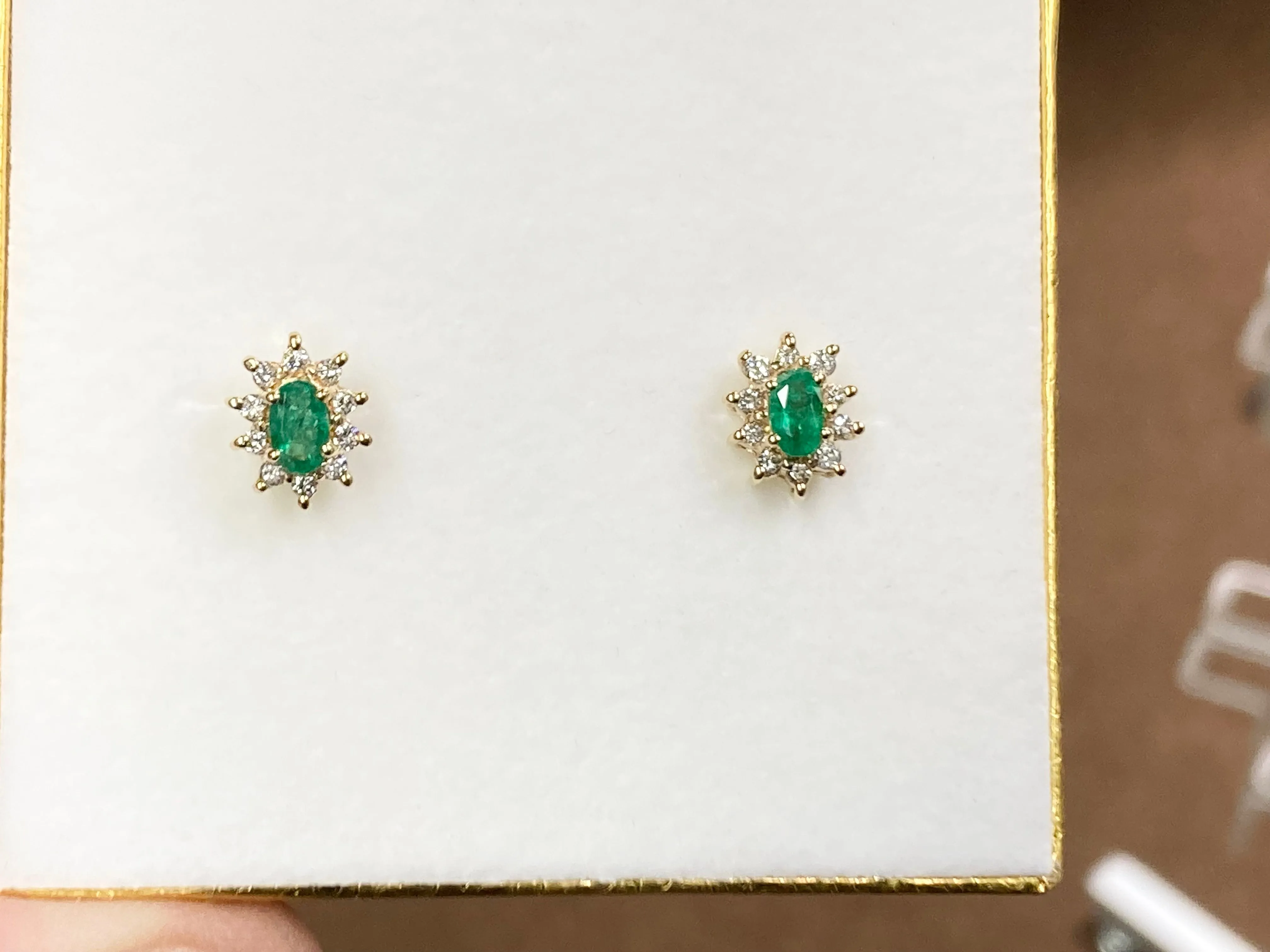 Emerald And Diamond Halo 14 K Yellow Gold Earrings