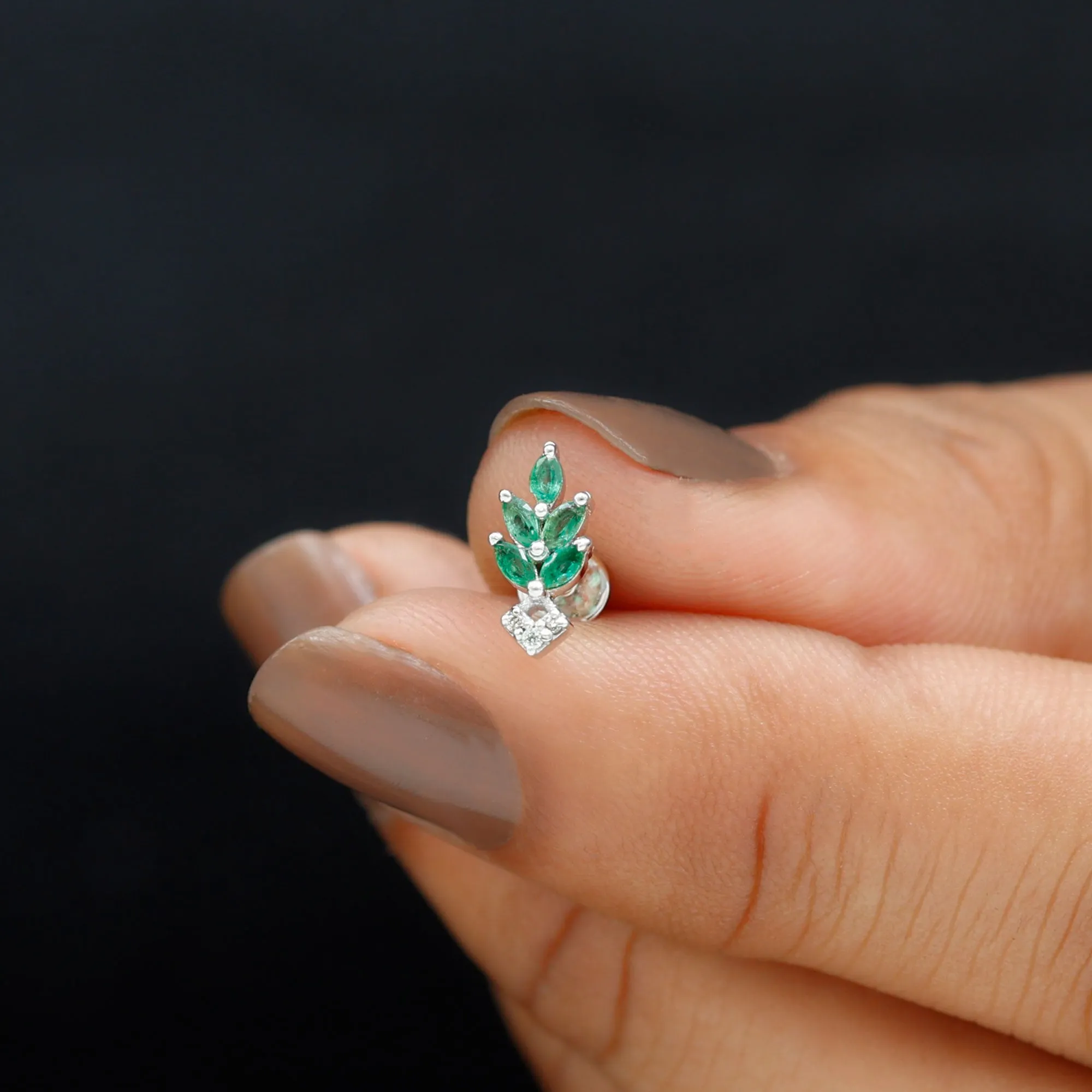 Emerald and Diamond Leaf Cartilage Earring