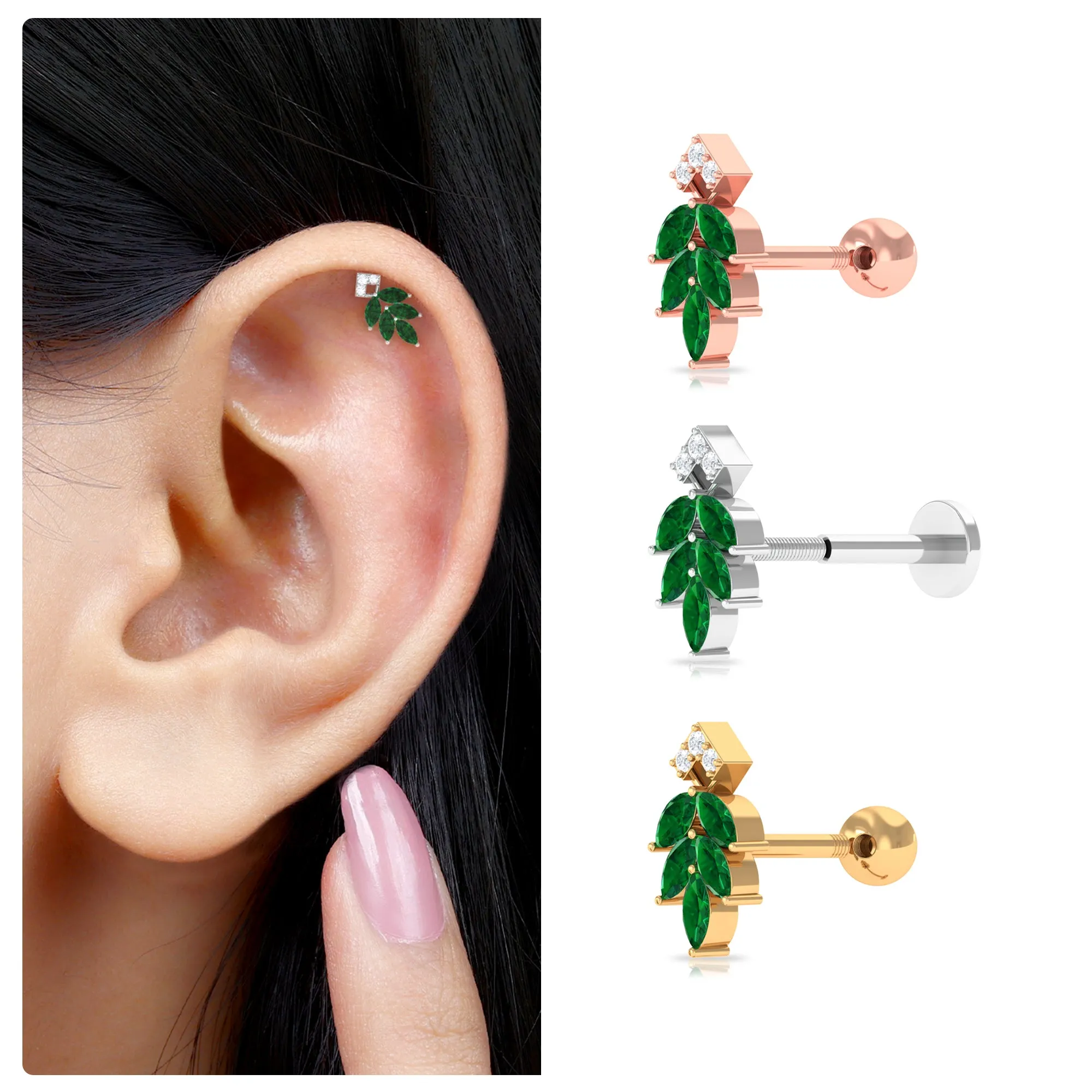 Emerald and Diamond Leaf Cartilage Earring