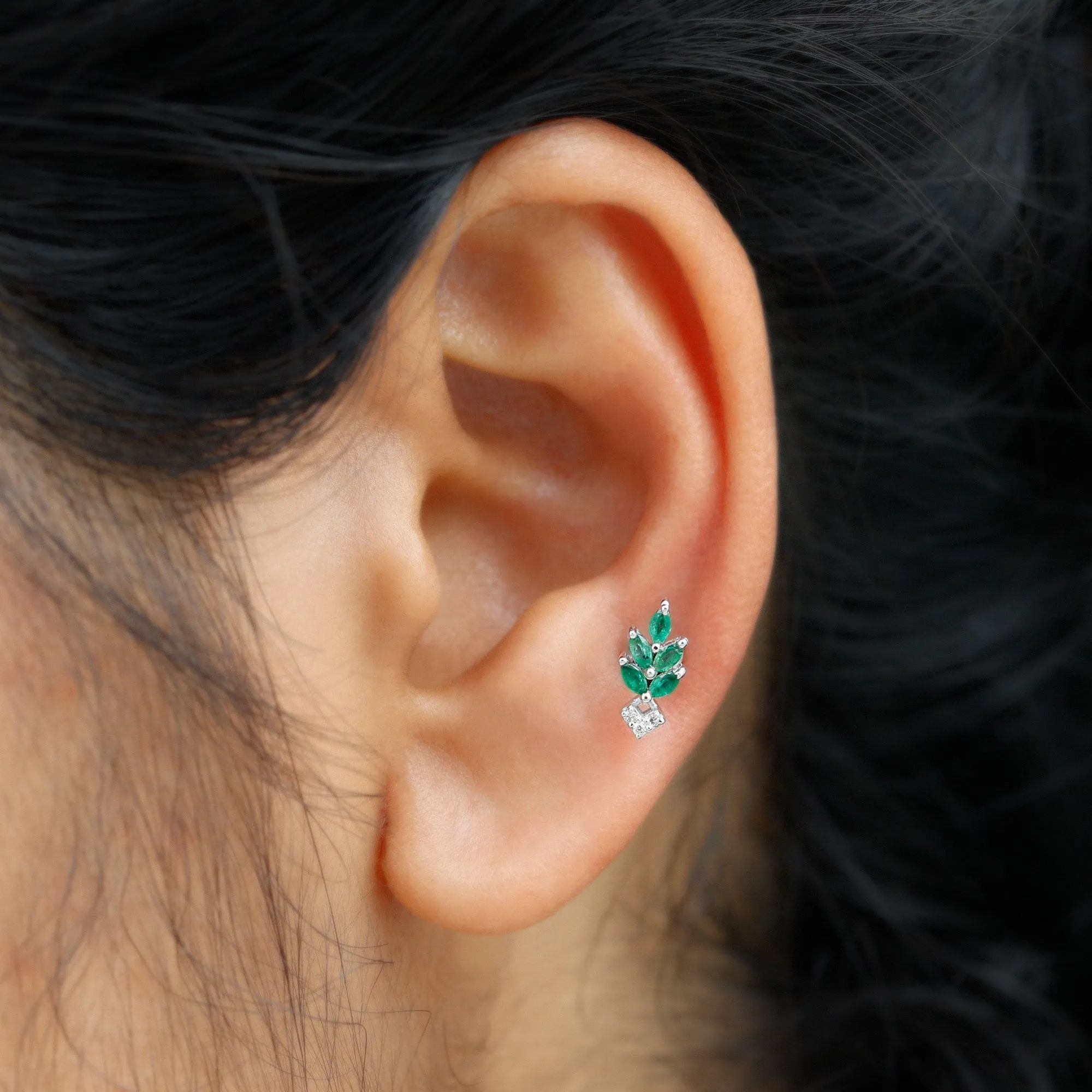 Emerald and Diamond Leaf Cartilage Earring